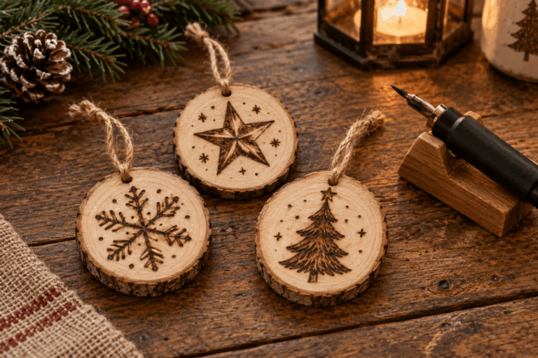 wood burning Christmas ornaments on basswood slices with snowflake and star designs