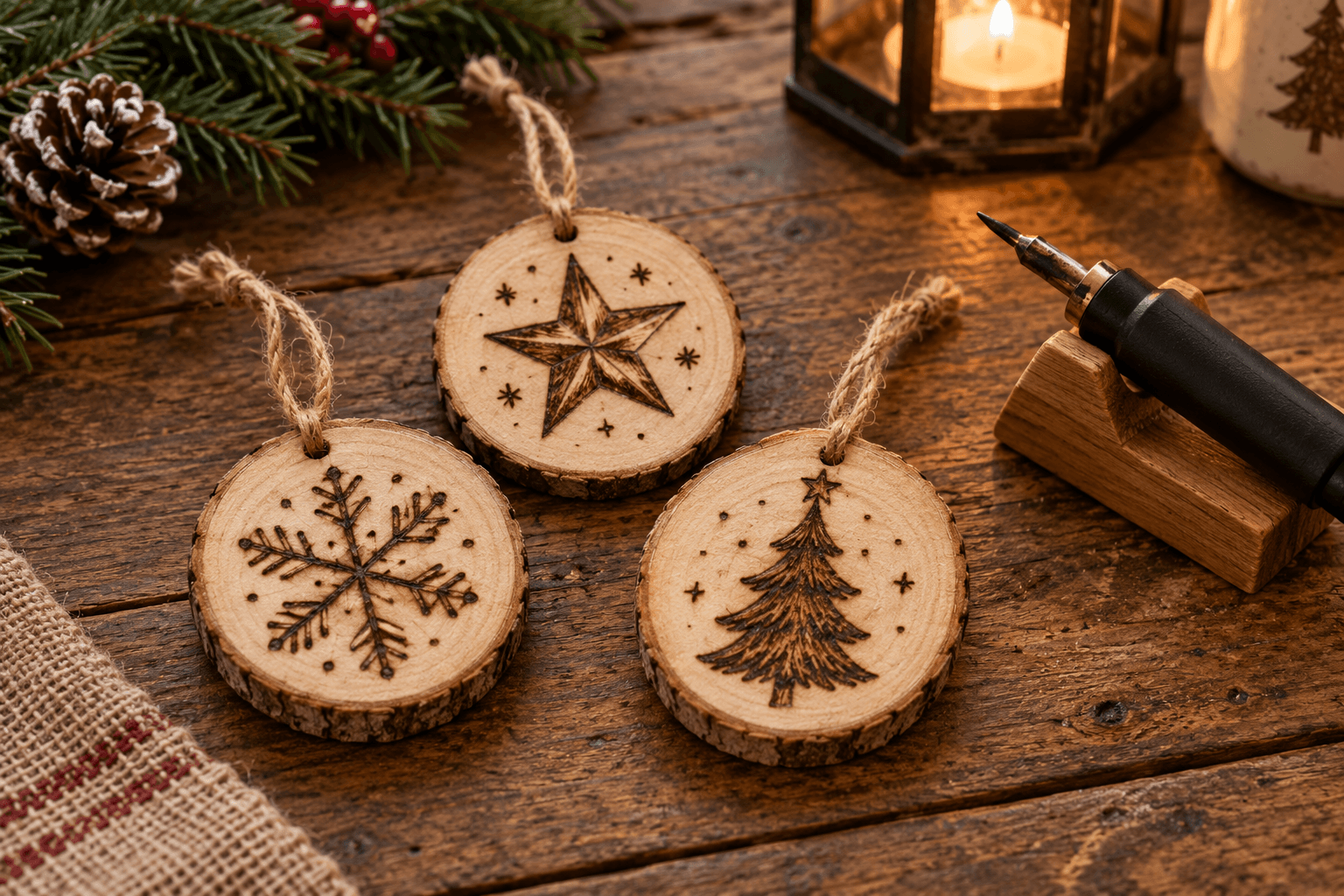 wood burning Christmas ornaments on basswood slices with snowflake and star designs
