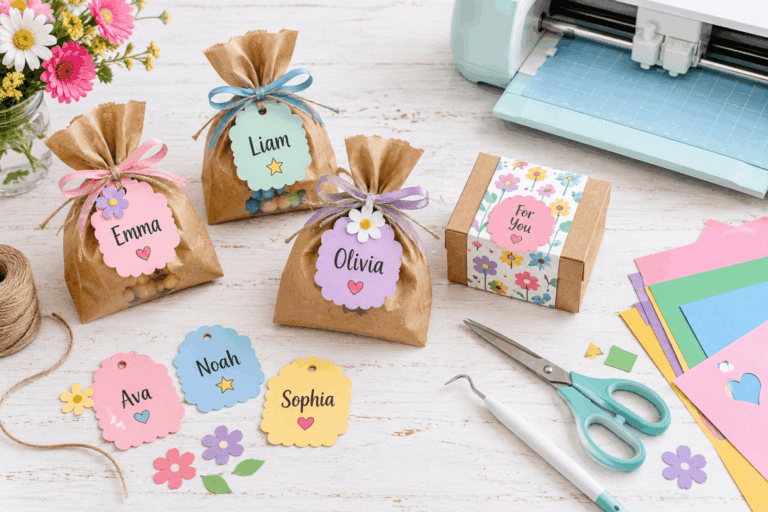Cricut party favors including personalized cardstock tags and treat bags on a white table