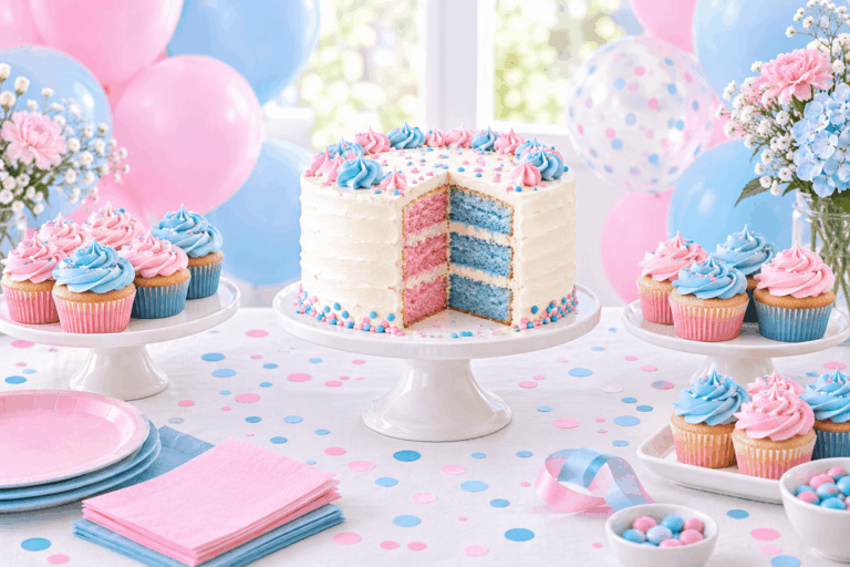 Gender reveal ideas display with pink and blue balloons, confetti, and a cake on a party table