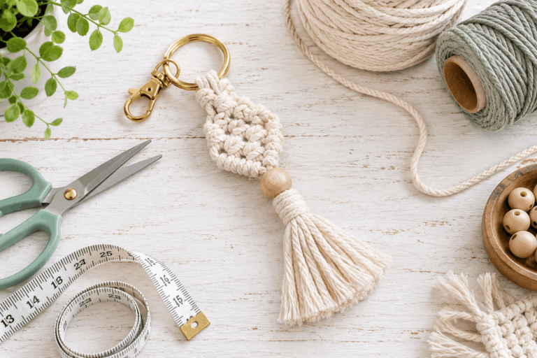 Handmade macrame keychain with cotton cord and wooden beads