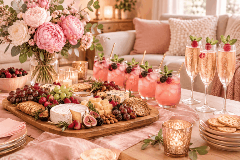 Ladies night ideas table with a grazing board, mocktails, and pink flowers