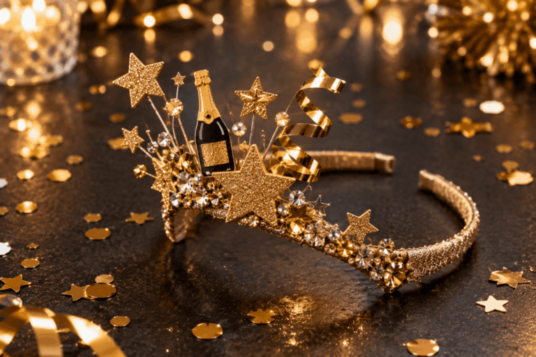 handmade New Year’s headband with gold glitter stars, champagne bottle cutouts, and rhinestones
