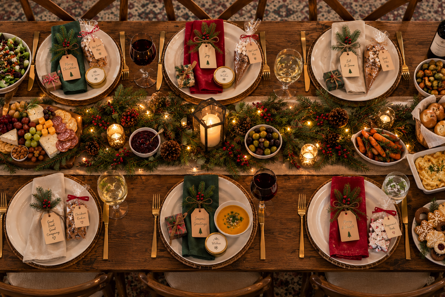 Christmas party favors on a holiday table with mini candles, cocoa cones, and wrapped gift bags