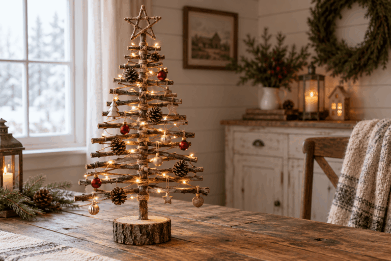 twig Christmas tree decorated with mini ornaments and fairy lights on a wooden table