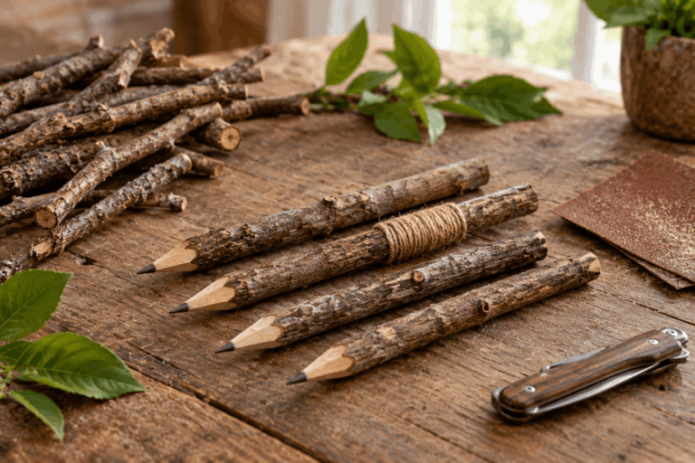Handmade twig pencils with natural bark and twine wrapping on a wooden table