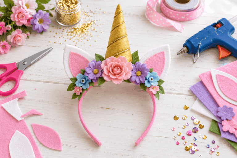 DIY unicorn headband with a gold felt horn, white ears, and faux flowers