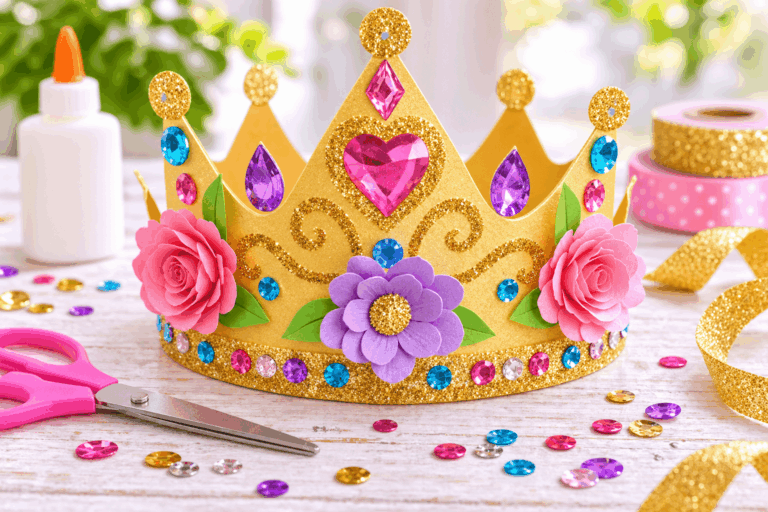 DIY princess crown made from gold cardstock and decorated with jewels and glitter