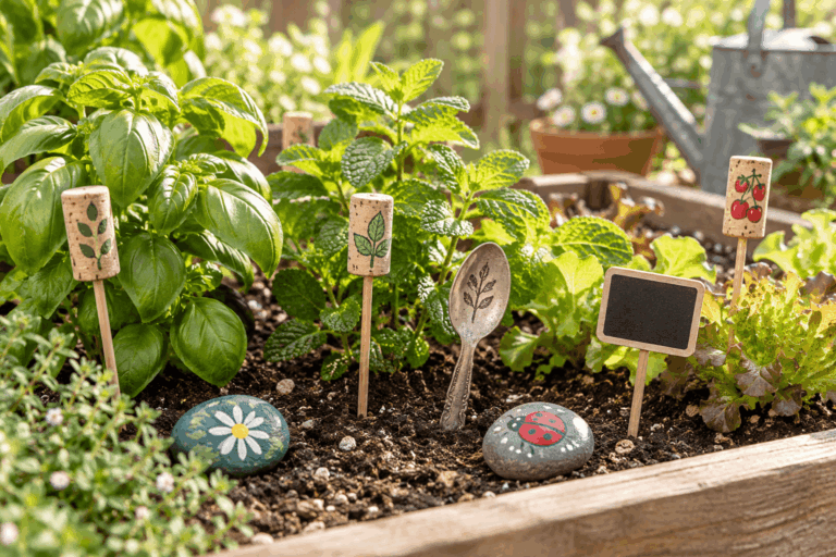 DIY garden markers made from painted rocks, wine corks, and wood stakes in a herb garden