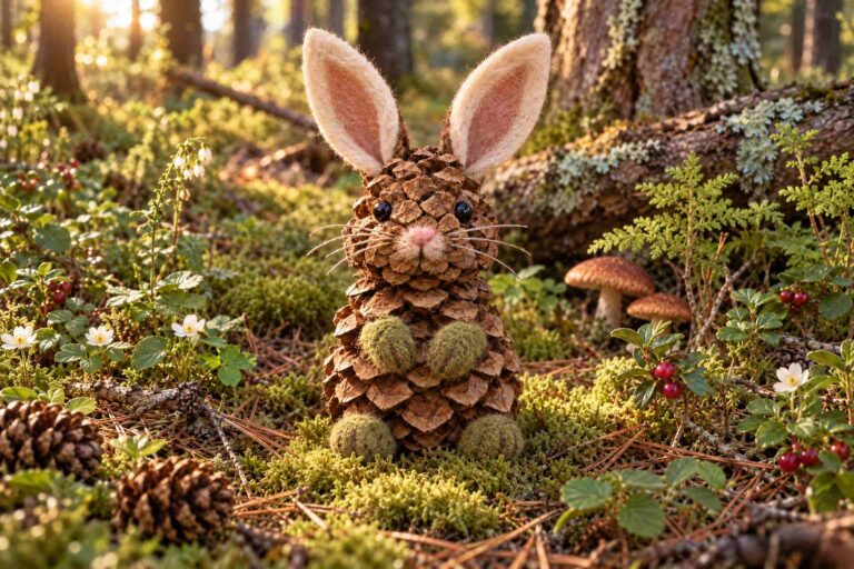 finished pinecone bunny craft made with twigs