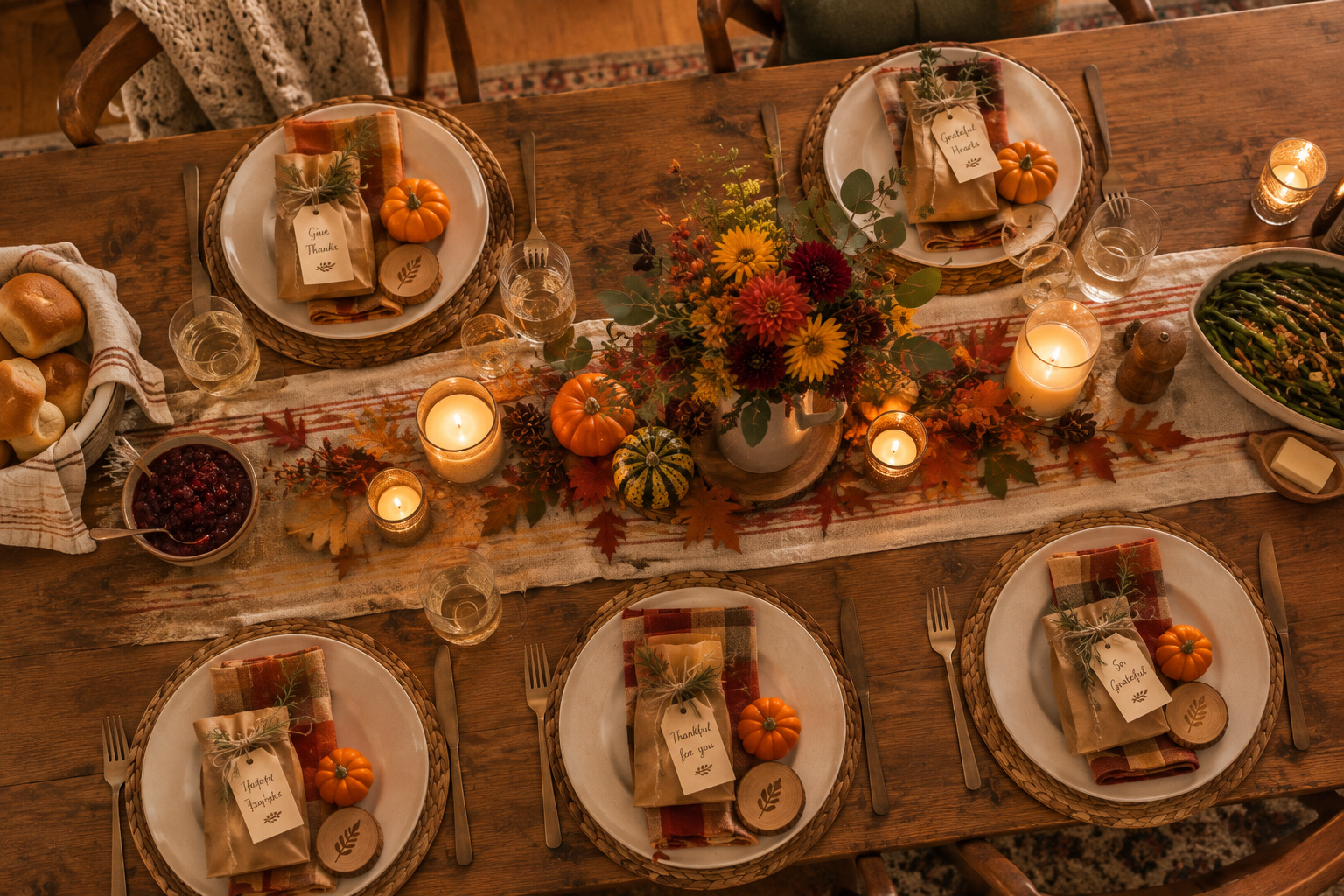 Thanksgiving party favors on a fall dinner table with mini pumpkins, candles, and favor bags