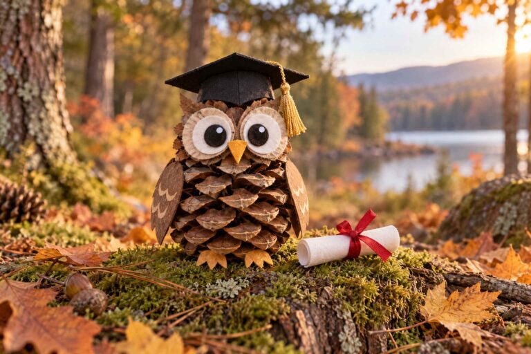 graduation pinecone owl craft with diploma and cap