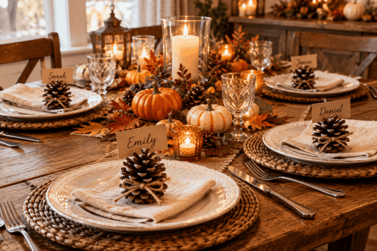 pinecone place card holders with name cards and twine bows on a Thanksgiving table